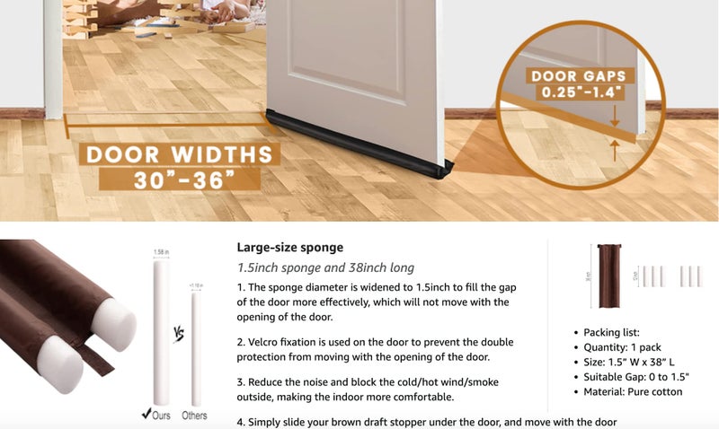 MUOVE Door Draft Stopper Under Door Blocker Size of MUOVE Adjustable Size from 32"" to 36"" Cover Gap Up to 1.4"" Air Door Guard Sound Blocker Door Sweep  Water-Proof  Winter-Proof  Block Light Energy Saving - Image 2